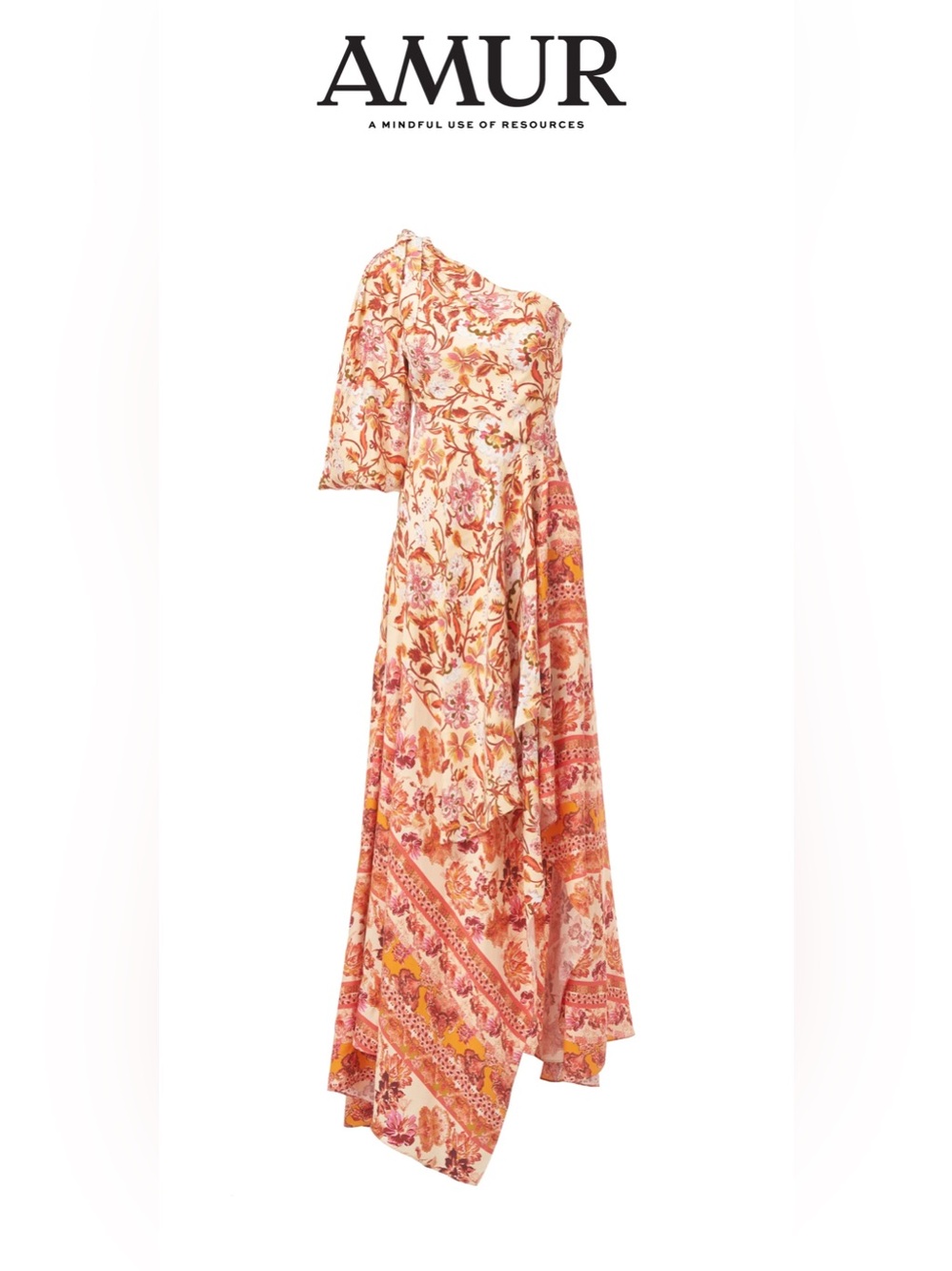 AMUR One Shoulder Piper Dress in Orange Maxi with Subtle Slit 100% Silk size 12